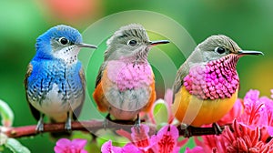 Colorful tropical birds sitting on a tree branch. Exotic pink flowers. Green nature background