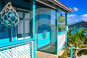 Colorful tropical cabana or shelter on the beach of Half Moon Cay