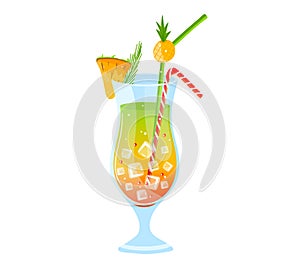 Colorful tropical cocktail with pineapple and ice cubes. Summer refreshing drink with striped straw and fruit garnish