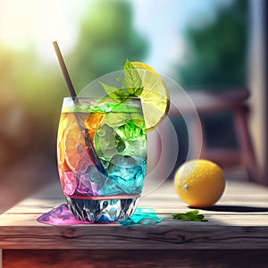 Colorful tropical cocktail on a wooden table on a sunny day. Multicolored limonade illustration. Cocktail glass with mint and a
