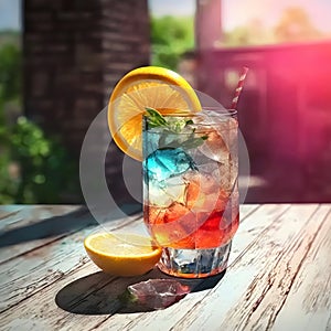 Colorful tropical cocktail on a wooden table on a sunny day. Multicolored limonade illustration. Transparent drinking glass with