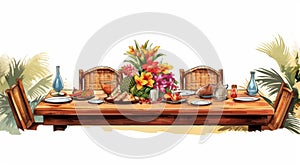 Colorful Tropical Dinner Table Illustration With Traditional Ink Painting Style