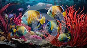 Colorful tropical discus fish gracefully navigate vibrant coral reefs, Ai Generated