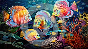 Colorful tropical discus fish gracefully navigate vibrant coral reefs, Ai Generated