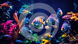 Colorful tropical discus fish gracefully navigate vibrant coral reefs, Ai Generated