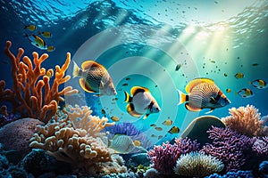 Colorful tropical fish coral scene background, Life in the coral reef underwater, sunlight, clear water ocean