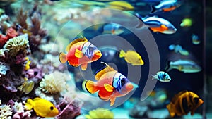 Colorful tropical fish swimming in ocean waters with coral reefs. Marine life in vibrant underwater ecosystem. Aquarium