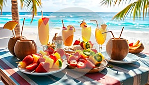 Colorful Tropical Fruits and Refreshing Drinks on a Beach Table with Palm Trees photo