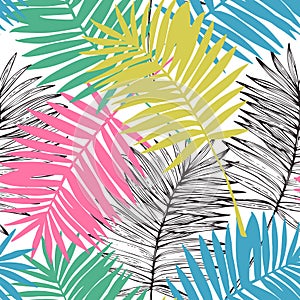Colorful tropical leaves drawing seamless pattern. Abstract palm leaf silhouette, line art background