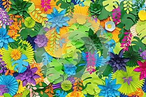 Colorful tropical paper flower background. multicolored Flowers and leaves made of paper