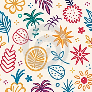 Colorful Tropical Pattern with Flowers, Leaves, and Frui