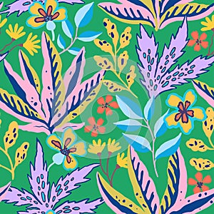 Colorful tropical seamless pattern. Abstract psychedelic motif with plant and floral elements. Joyful print for design. Vector