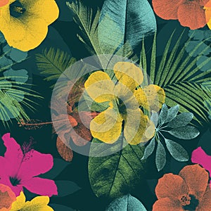 Colorful tropical seamless pattern Vibrant summer tropical print Exotic flowers and leaves background Dark colorful jungle