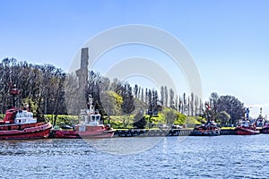 Colorful Tugboats Westerplatte Monument Port Motlawa River Gdansk Poland