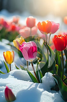 Colorful tuip flowers and grass growing from the melting snow.