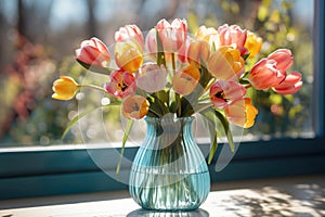 Colorful tulip bouquet in blue vase on sunny window sill. Springtime interior decoration