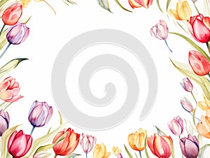 colorful tulip flower botanical border frame Happy Easter with copy space in the middle spring season on white Generative AI