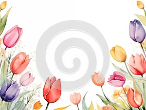 colorful tulip flower botanical border frame Happy Easter with copy space in the middle spring season on white Generative AI