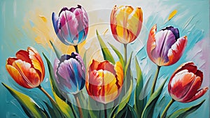 colorful tulip flower close-up pastel oil pallet knife paint painting on canvas Generative A