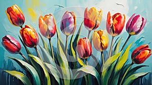 colorful tulip flower close-up pastel oil pallet knife paint painting on canvas Generative A