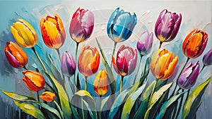 colorful tulip flower close-up pastel oil pallet knife paint painting on canvas Generative A