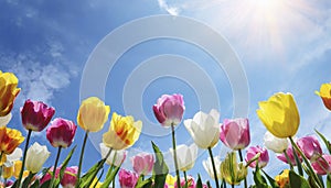 Colorful tulip flowers against blue sky with sun