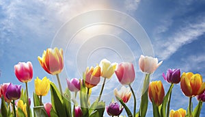 Colorful tulip flowers against blue sky with sun