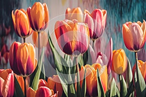 Colorful tulip flowers blooming in the garden filtered background