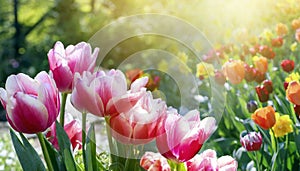 Colorful tulip flowers in garden