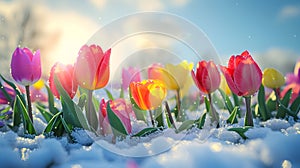 Colorful tulip flowers and grass growing from the melting snow.