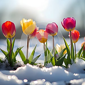 Colorful tulip flowers and grass growing from the melting snow.