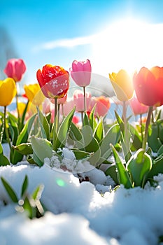 Colorful tulip flowers and grass growing from the melting snow, blue sky and sunshine.