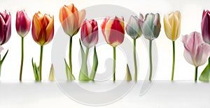 Colorful tulip flowers in row on white background with copy space