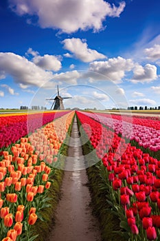 Colorful tulip rows leading to distant trees under blue sky