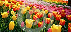 Colorful tulips blooming in the garden. Spring season.