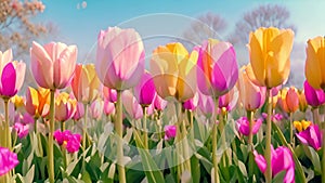 Colorful tulips in the blue sky.Spring tulips blossoming in a field. Tulip flowers blooming in the garden. Easter
