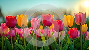 Colorful tulips in the blue sky.Spring tulips blossoming in a field. Tulip flowers blooming in the garden. Easter