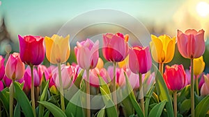 Colorful tulips in the blue sky.Spring tulips blossoming in a field. Tulip flowers blooming in the garden. Easter