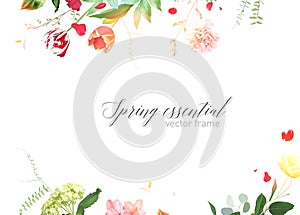 Colorful tulips, pink carnation, green hydrangea, red rose, petals vector design invitation frame. Wedding spring