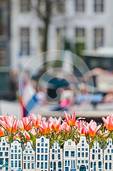 Tulips and souvenir canal houses in front of an Amsterdam canal