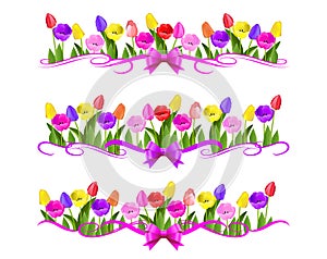 Colorful tulips and vignette with a bow.