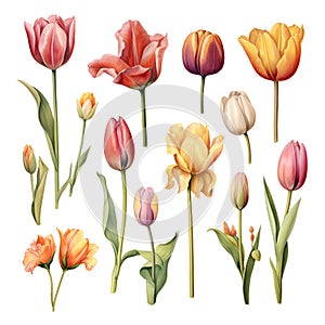 colorful tulips on a white background. Generative AI