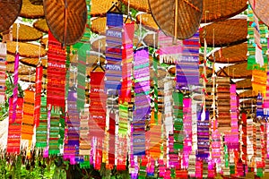 Colorful tung cloth using in religous ceremony good time in Thai culture ,make from cotton and woven many pattern photo