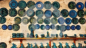 Colorful Turkish traditional ceramic handycrafts in a local pottery shop in Cappadocia