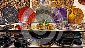 Colorful Turkish traditional ceramic handycrafts in a local pottery shop in Cappadocia photo