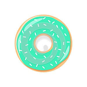 Colorful turquoise icing donut cartoon. Turquoise frosting donut with sprinkles.