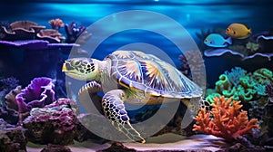 Colorful Turtle Swimming Among Hyper-realistic Corals In Aquarium