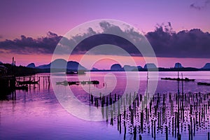 Colorful twilight in morning over seascape at fisherman village,Ban Sam Chong Tai , Pangnga,Thailand