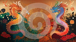 Colorful twin dragons in a dance of myth and legend, amidst clouds and florals on a golden canvas