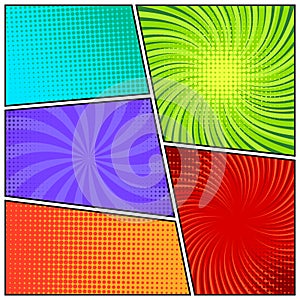 Colorful twisted comic book radial rays, lines. Comics background with motion, speed lines. Pop art style elements